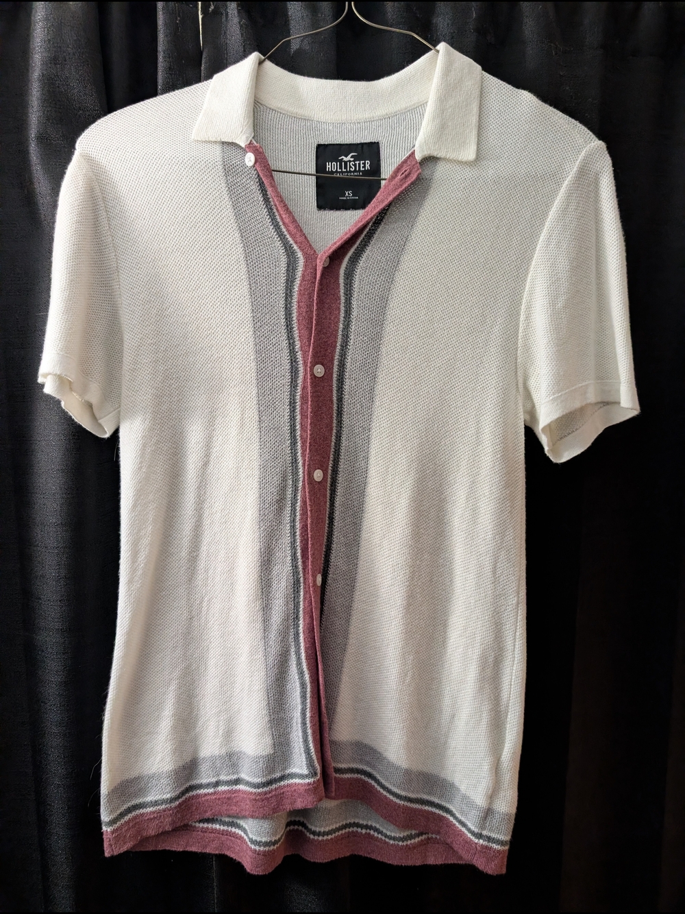 Hollister Cream Short-Sleeve Polo with Rose and Gray Stripes
